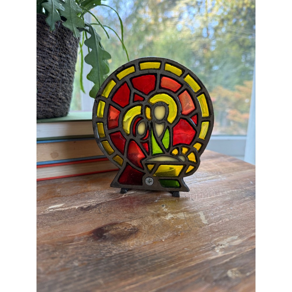 Vintage Stained Glass Cast Iron Nativity Votive Candle Holder Religious